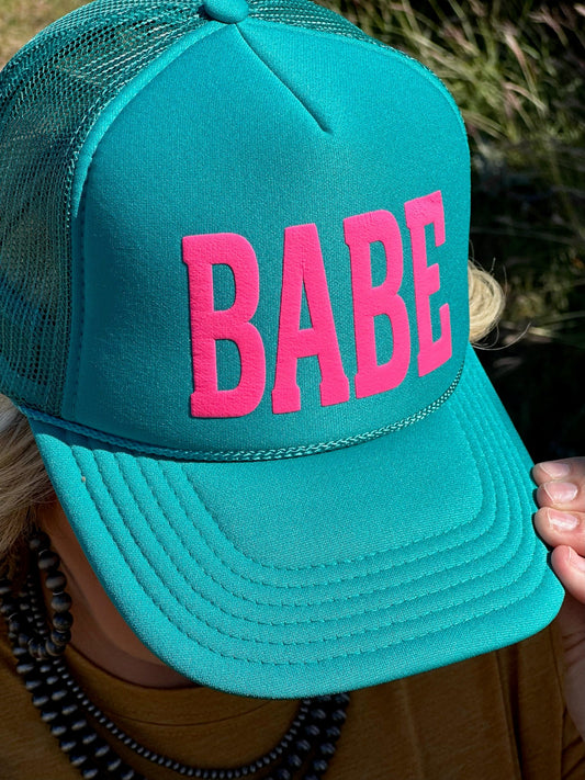 Babe in Pink Puff on Turquoise Trucker Cap