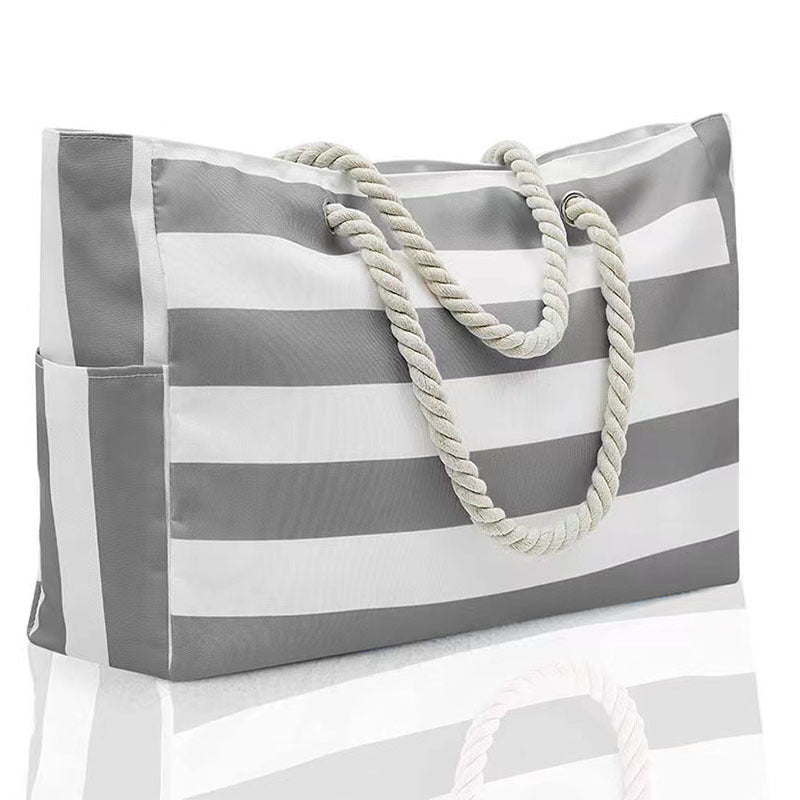 Striped Rope Handle Canvas Large Tote Bag