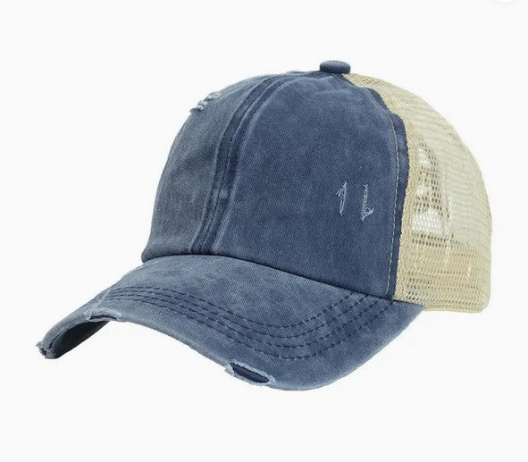 Washed Denim Pony Hats