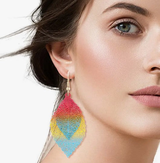 Rainbow Filigree Double Leaf Earrings