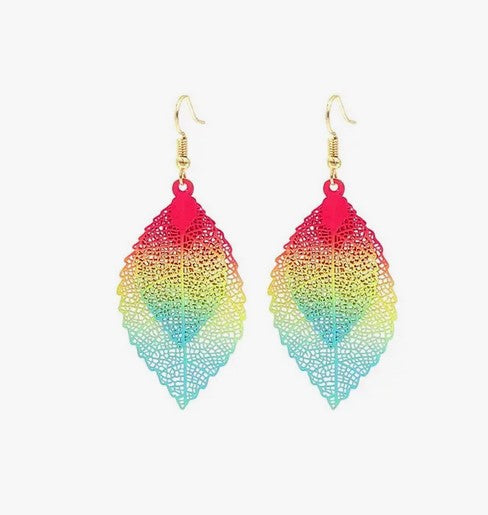 Rainbow Filigree Double Leaf Earrings