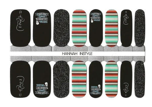 This Girl Loves Country Music, Silver Glitter on Black with Stripes - Nail Wrap Set